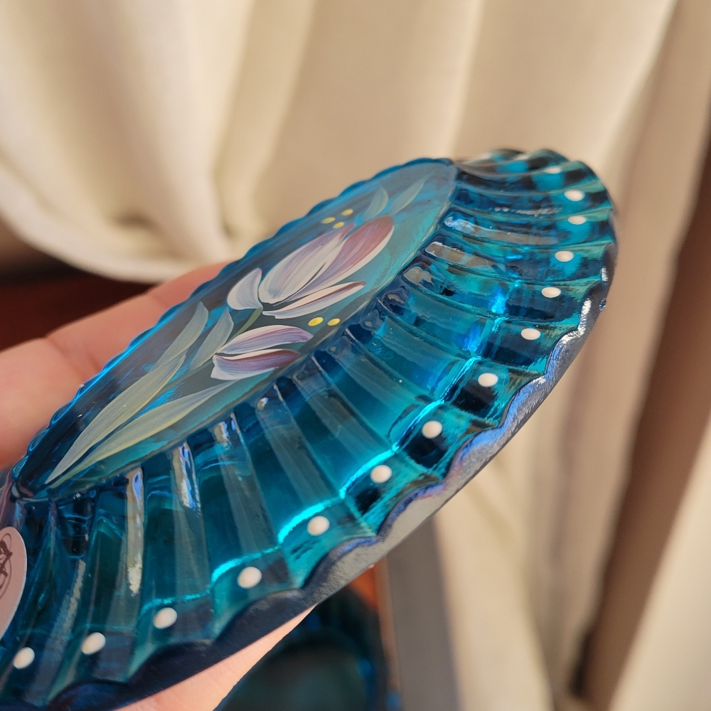 Vintage Fenton Art Glass USA Oval Turquoise Blue Color Hand Painted Floral RARE - Picture 8 of 13